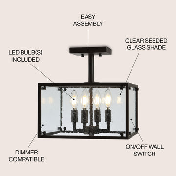 Paysan 13" Iron/Seeded Glass Rustic Farmhouse LED Flush Mount - JONATHAN Y